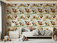Adorable Watercolor Chicken Coop wallpaper graphic, grassy meadow.
