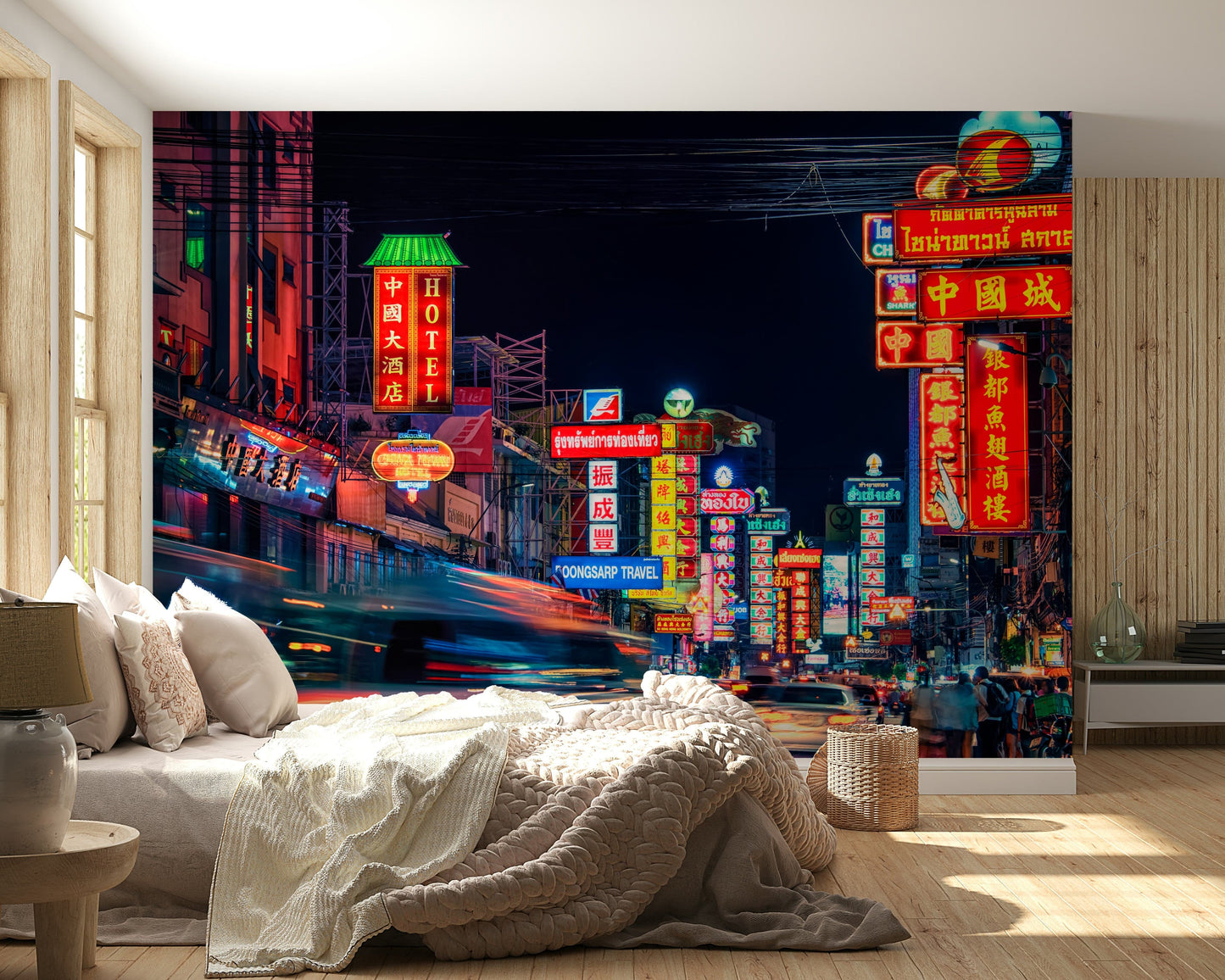 Dark sky contrast Chinatown Dreams peel and stick wallpaper.