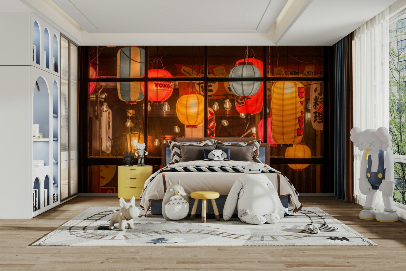 Chinese lantern mural wallpaper glowing indoors

