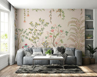 A wall mural of a peaceful Chinoiserie floral and bird pattern.

