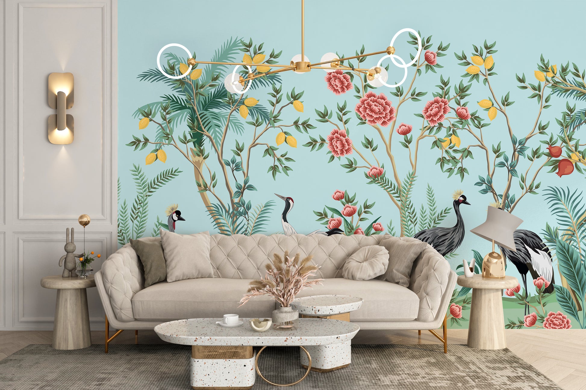 Botanical palm tree and bird mural design
