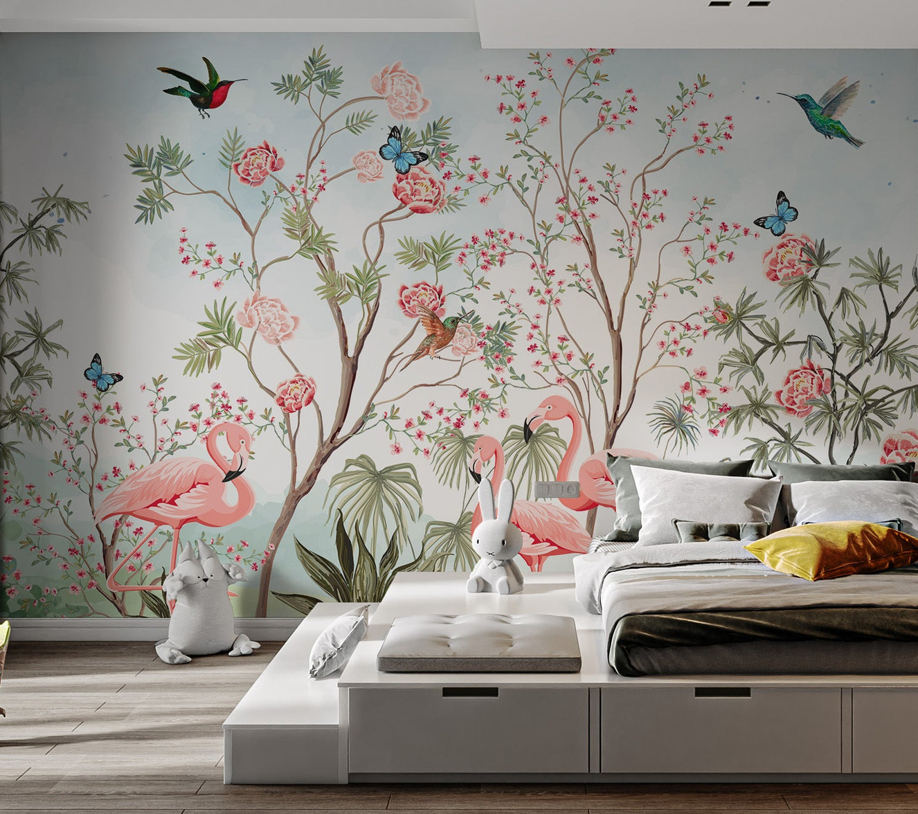 Tropical birds and pink blossoms chinoiserie mural