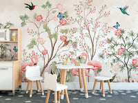 Pink flamingo and peony garden chinoiserie mural
