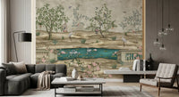 Swan pond wall mural with trees, birds, and floral details