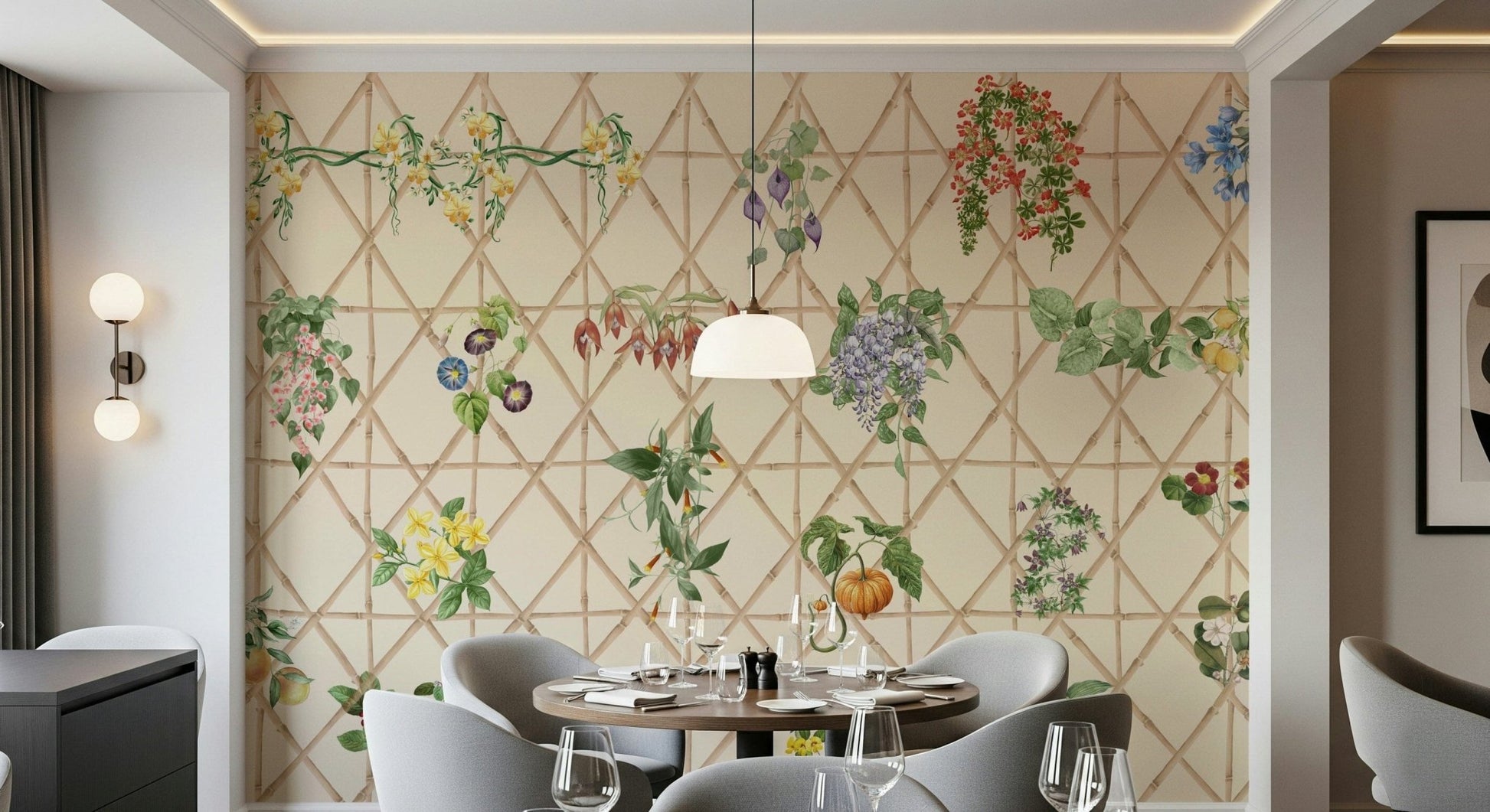 Reading nook with chinoiserie garden mural, calm color tones