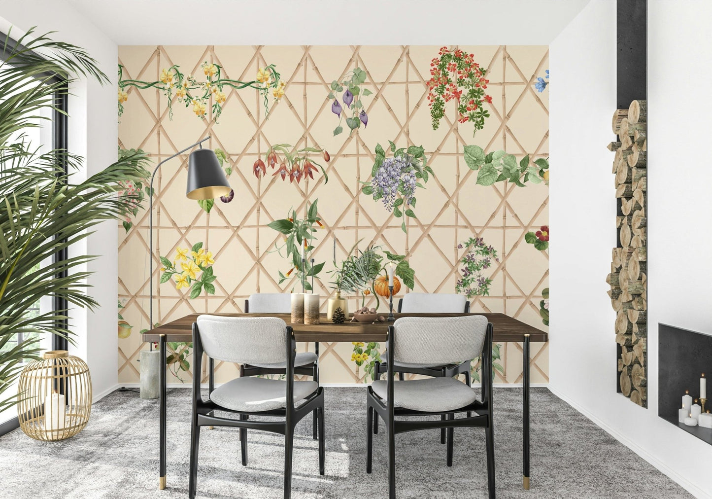 Apartment lounge with chinoiserie garden mural, modern style
