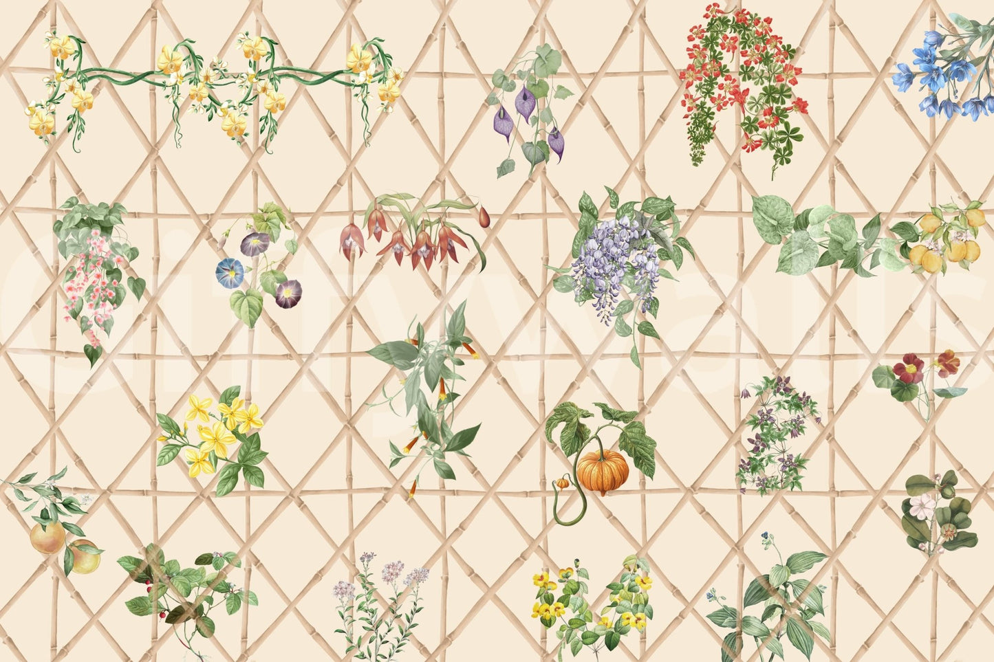 Minimal lounge with chinoiserie wall mural, soft color accents