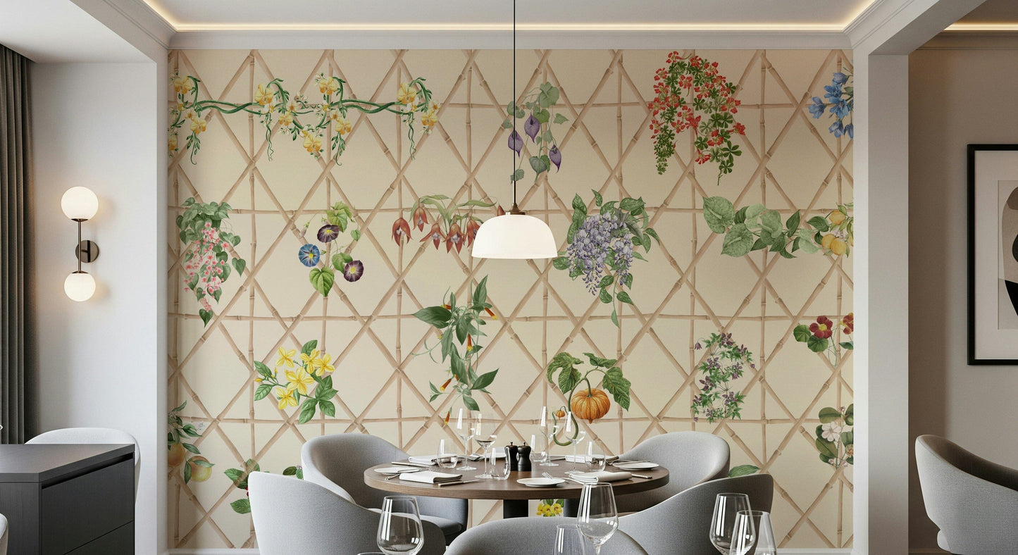 Reading nook with chinoiserie garden mural, calm color tones