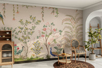 Chinoiserie Garden wallpaper mural with crane and peacock behind a striped French armchair and wood sideboard