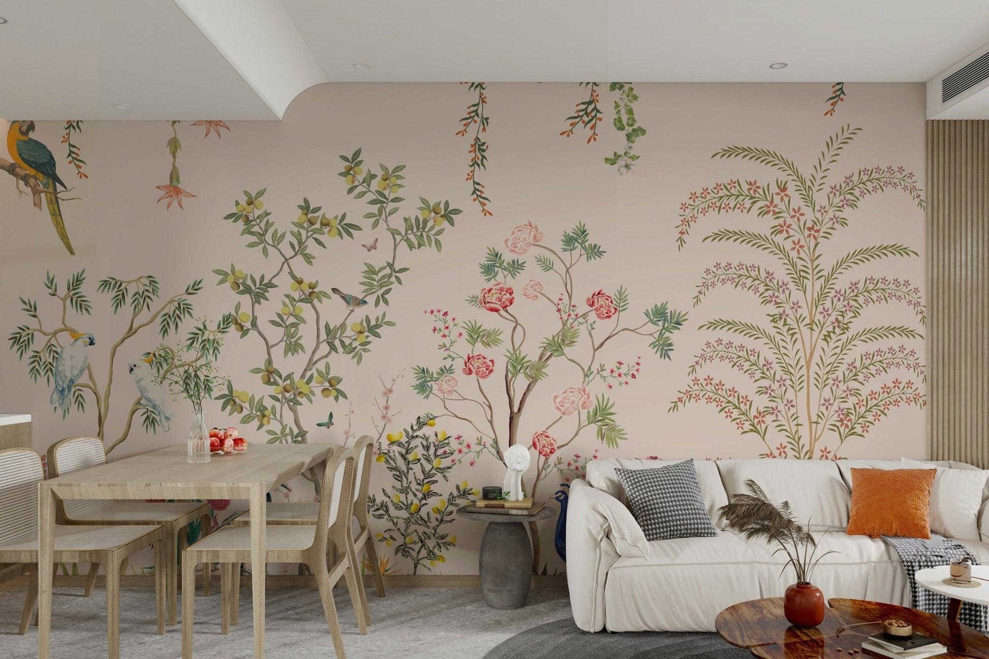 Chinoiserie Garden wallpaper mural with parrots behind a white sofa and wooden dining table in an open living room