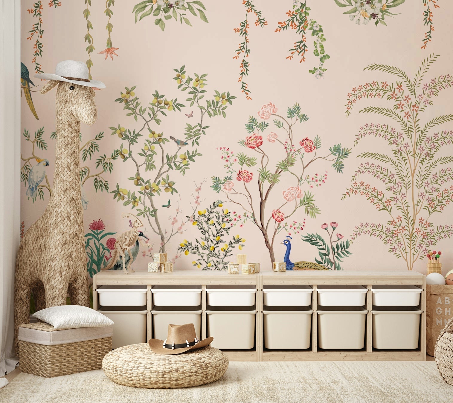 Chinoiserie Garden wallpaper mural with a peacock in a nursery with a woven giraffe and toy storage cubbies