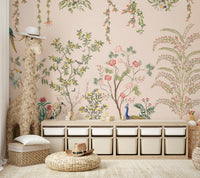 Chinoiserie Garden wallpaper mural with a peacock in a nursery with a woven giraffe and toy storage cubbies