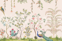 Chinoiserie Garden wallpaper mural shown as a full-wall scene with peacock, crane and parrots among flowering trees