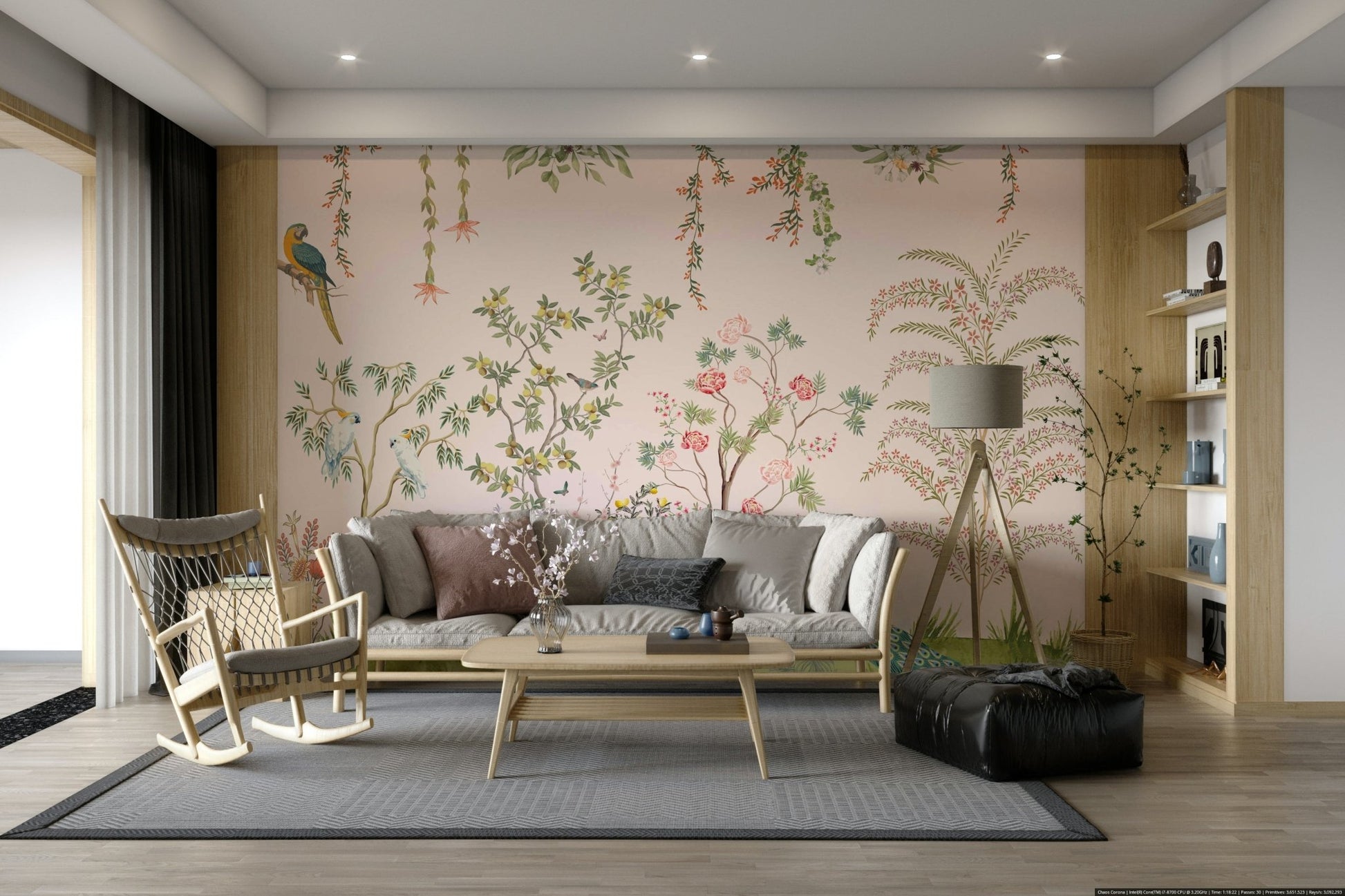 Chinoiserie Garden wallpaper mural with parrots behind a grey sofa, wooden rocking chair and tripod lamp