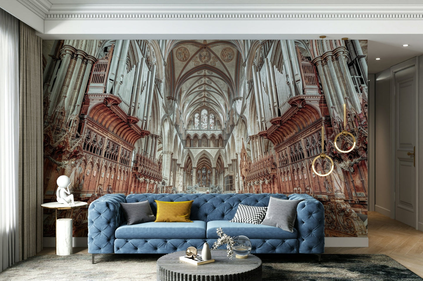 View looking down the aisle towards choir stalls.

