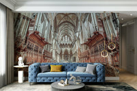 View looking down the aisle towards choir stalls.

