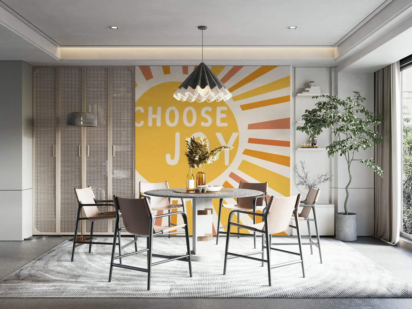 Choose Joy wall mural with vibrant sunburst design

