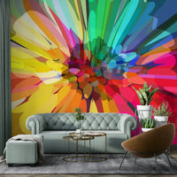 Bold abstract wall mural in rainbow tones

