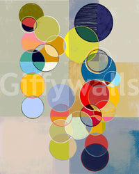 Chromatic Circles wallpaper mural shown as a full-wall design of overlapping multicolored circles on muted patchwork