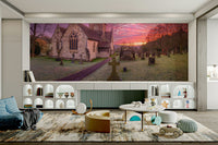 A peaceful historic church mural on decorative wallpaper.

