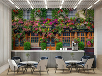 Rustic pub architecture with lush floral wallpaper

