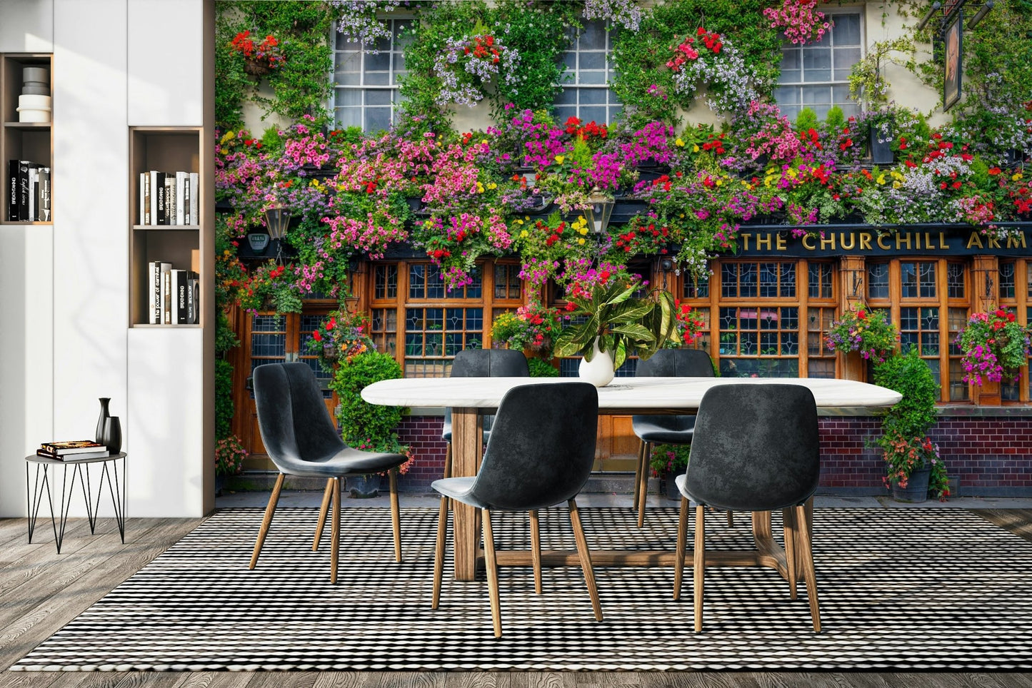 Exterior view of Churchill Arms pub with flowers


