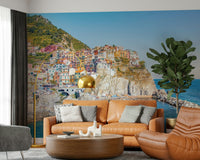 Bright cliff dwelling Cinque Terre Coast wallpaper mural Italy scenery.