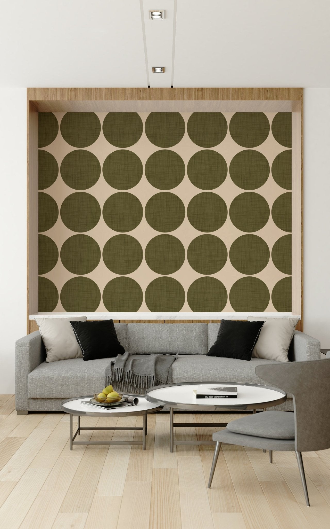 Neutral-toned wallpaper with oversized linen-textured round shapes arranged in rows and columns