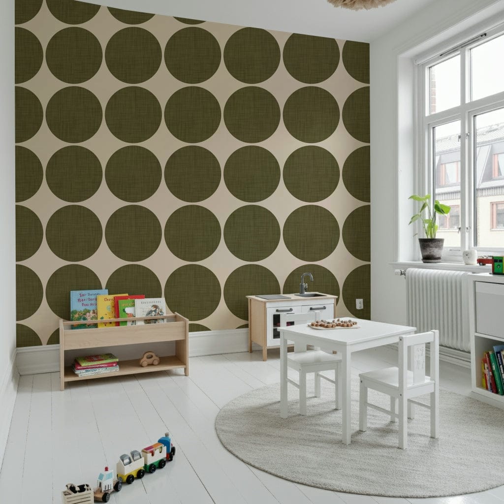 Repeating pattern of earthy olive round shapes with a subtle woven texture on a neutral backdrop