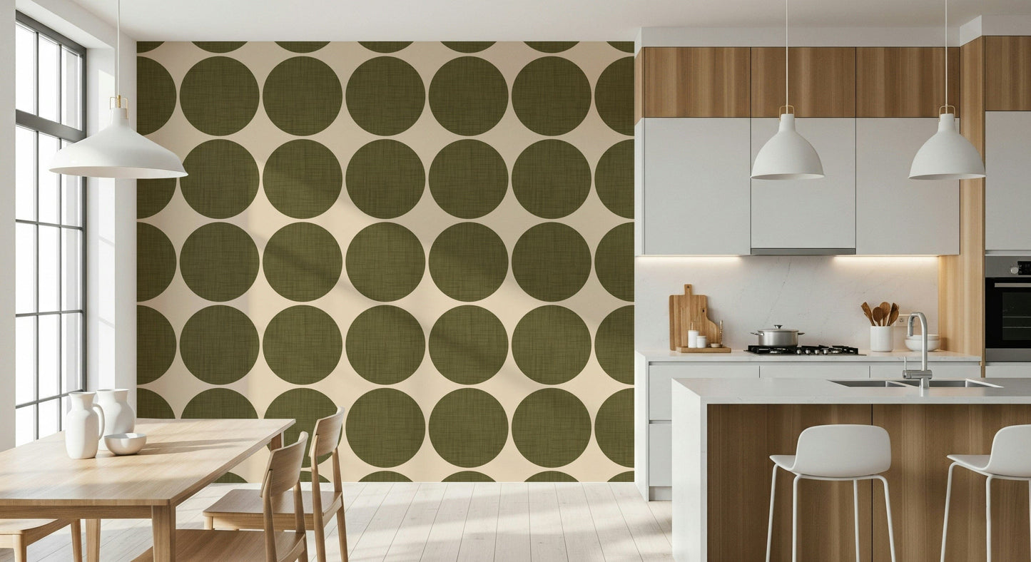 Simple geometric motif featuring earthy olive circles contrasted against a beige background