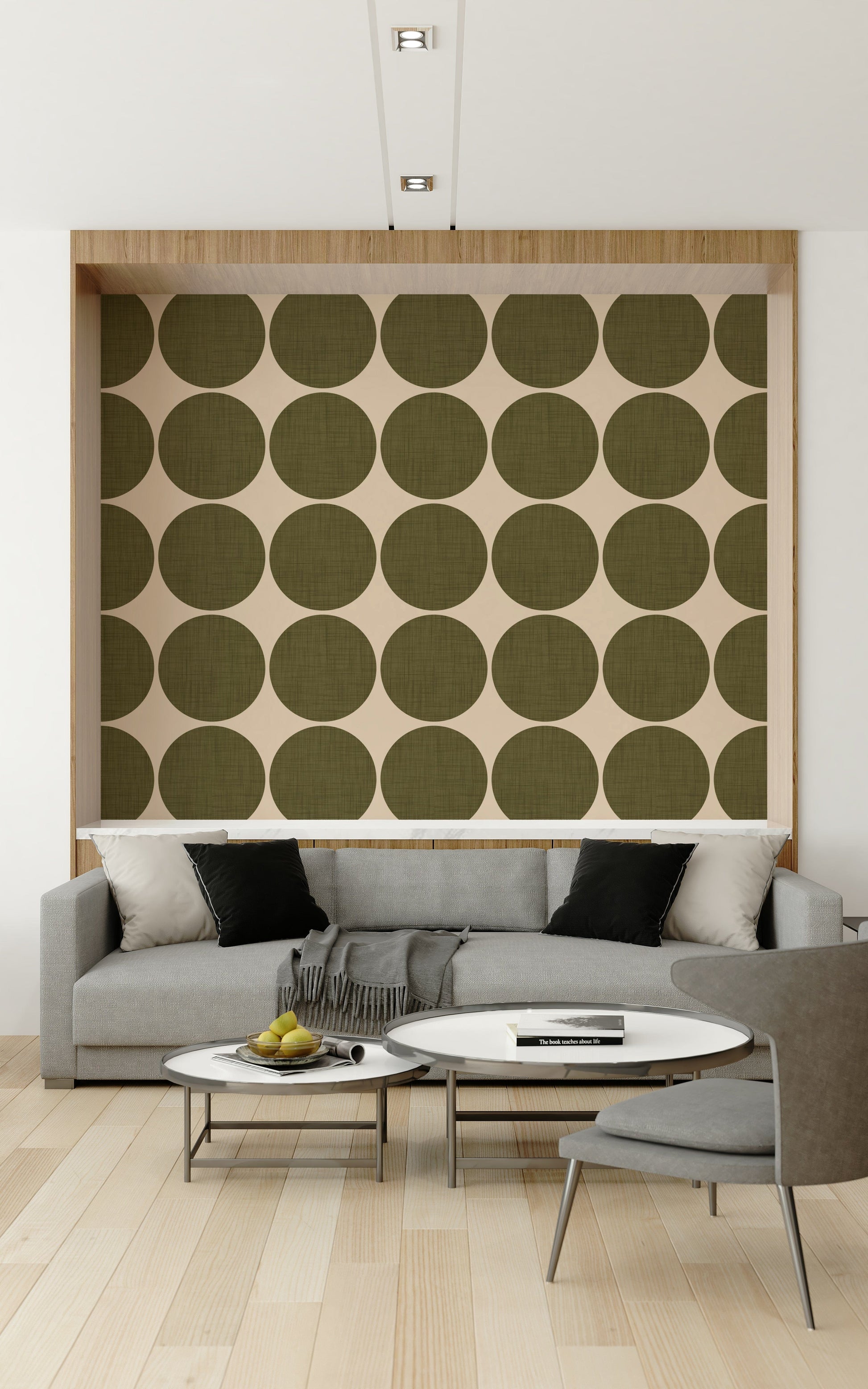 Neutral-toned wallpaper with oversized linen-textured round shapes arranged in rows and columns