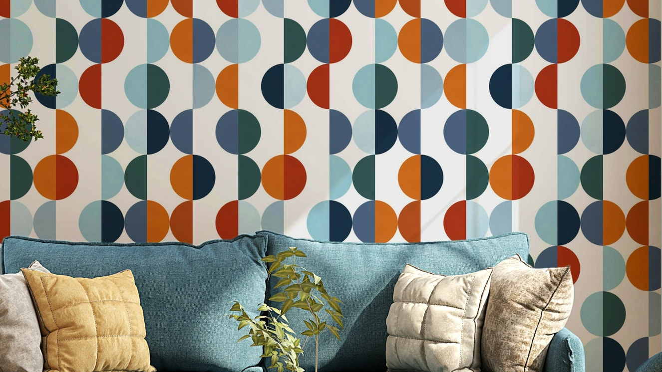 A modern wall mural with a repeating pattern of circular symmetry.

