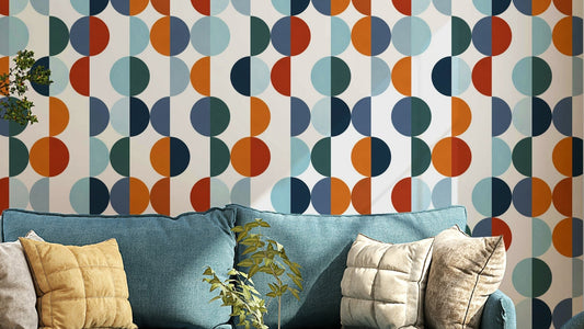 A modern wall mural with a repeating pattern of circular symmetry.


