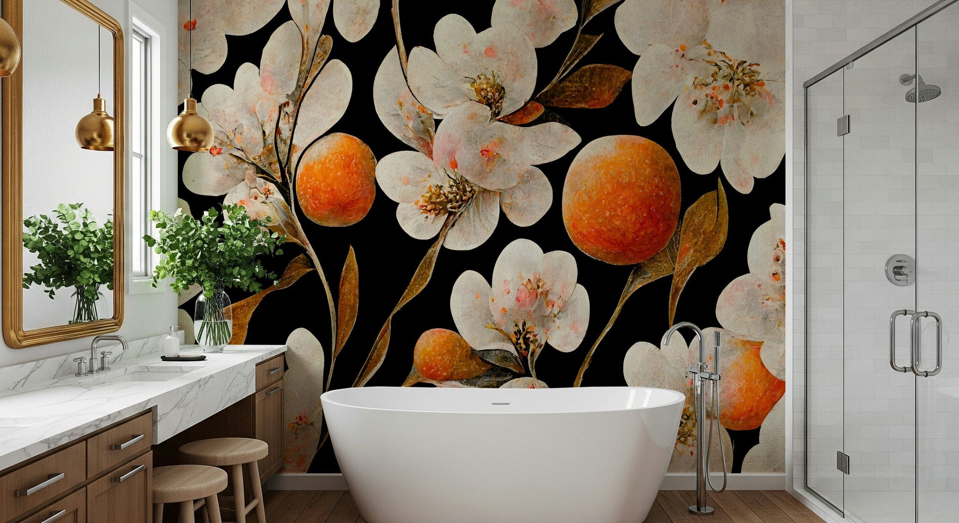 An artistic citrus bloom mural on minimalist wallpaper.

