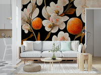 A serene floral pattern wall mural with vibrant orange fruit.


