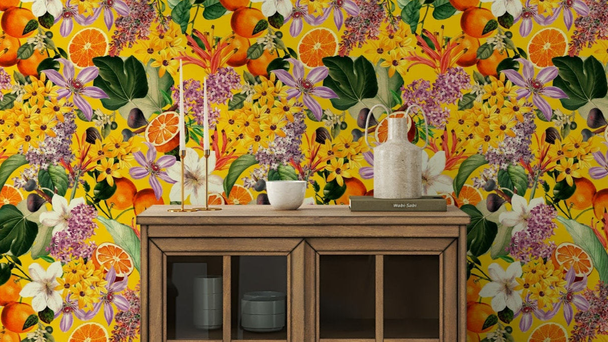 Refreshing citrus-inspired wallpaper with colorful flowers and greenery

