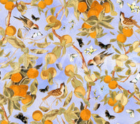 Fresh fruit and flower wallpaper on a light, neutral background.

