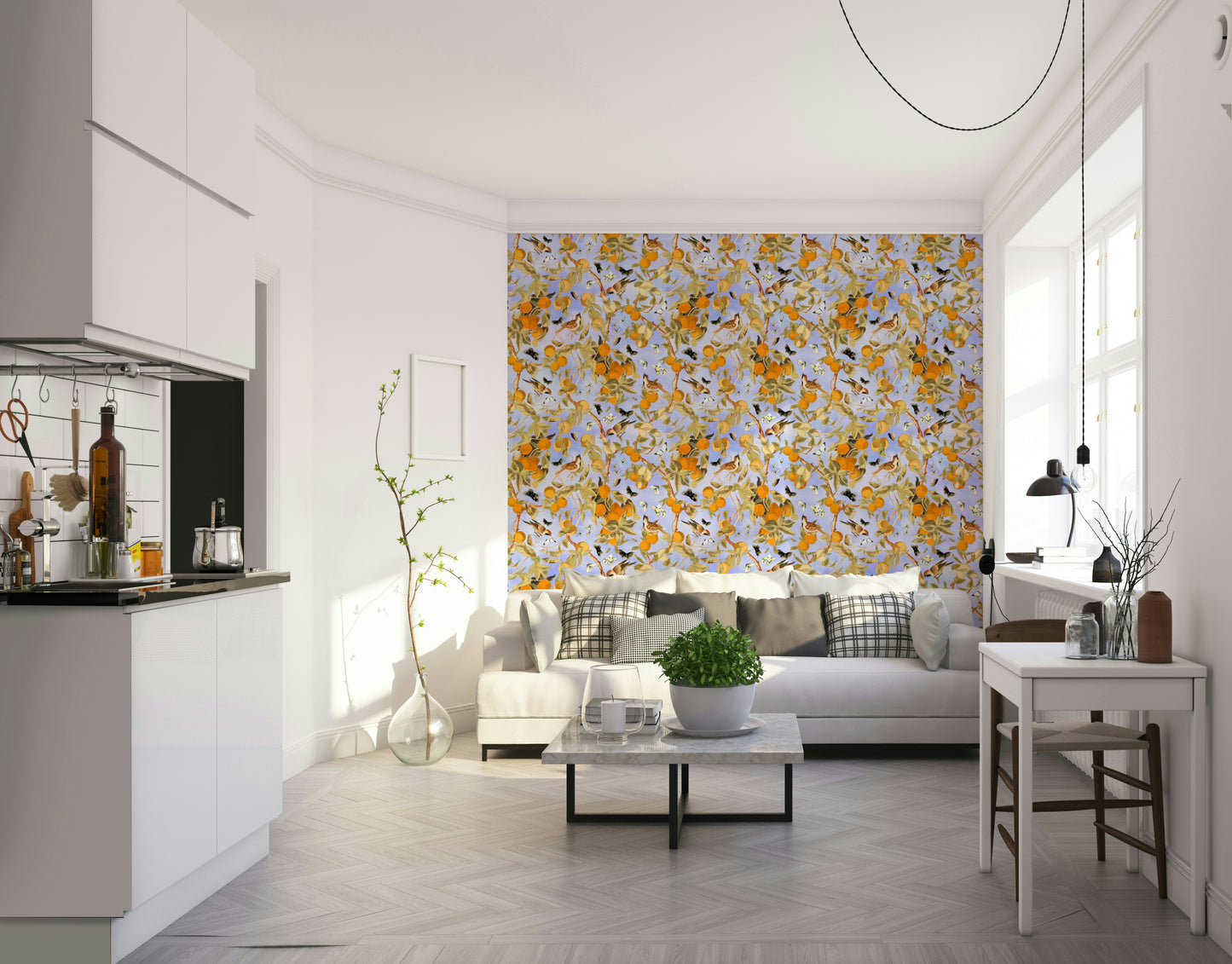 Citrus wallpaper featuring watercolor fruit and white flowers.

