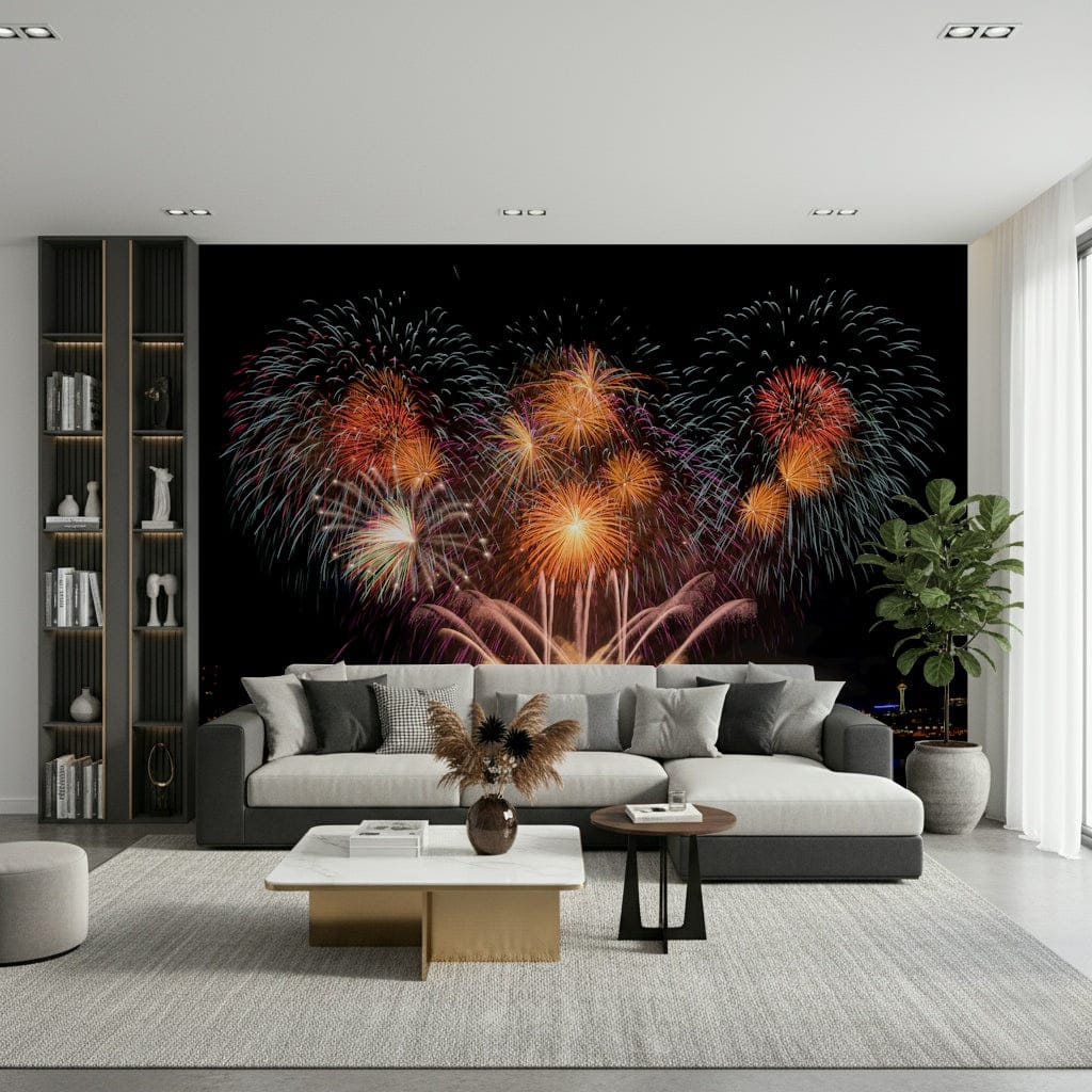Wall mural depicting a lively urban skyline with sparkling lights and reflections.