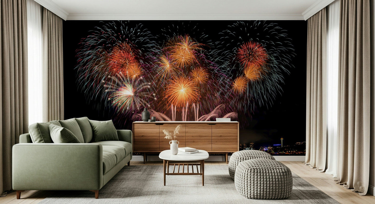 Decorative wall mural showcasing a nighttime urban scene with glowing skyscrapers.