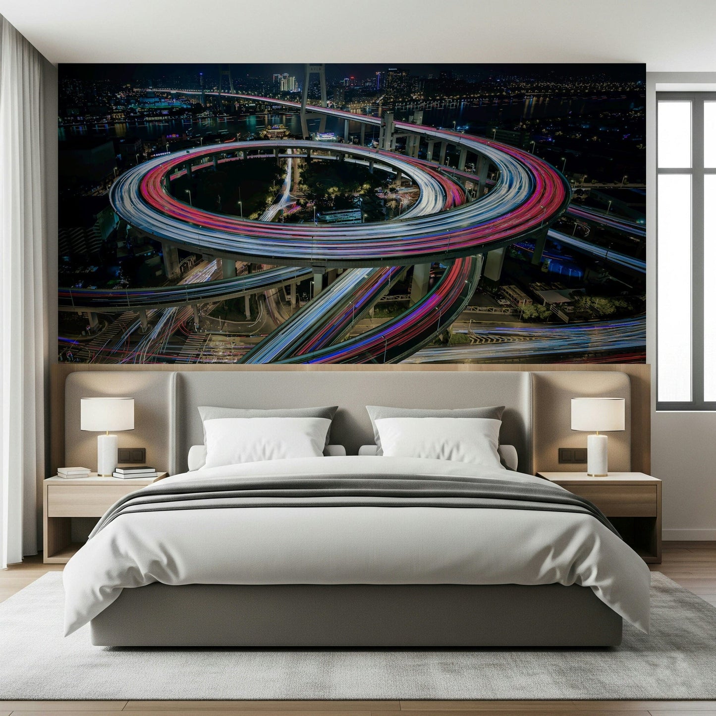 Dynamic City Nightscape Wall Mural – Glowing urban lights and flowing traffic creating a lively and modern wall feature.