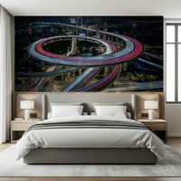 Dynamic City Nightscape Wall Mural – Glowing urban lights and flowing traffic creating a lively and modern wall feature.