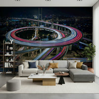 Cityscape Light Trails Wall Mural – Illuminated urban scene with bustling city roads and bright flowing lights.