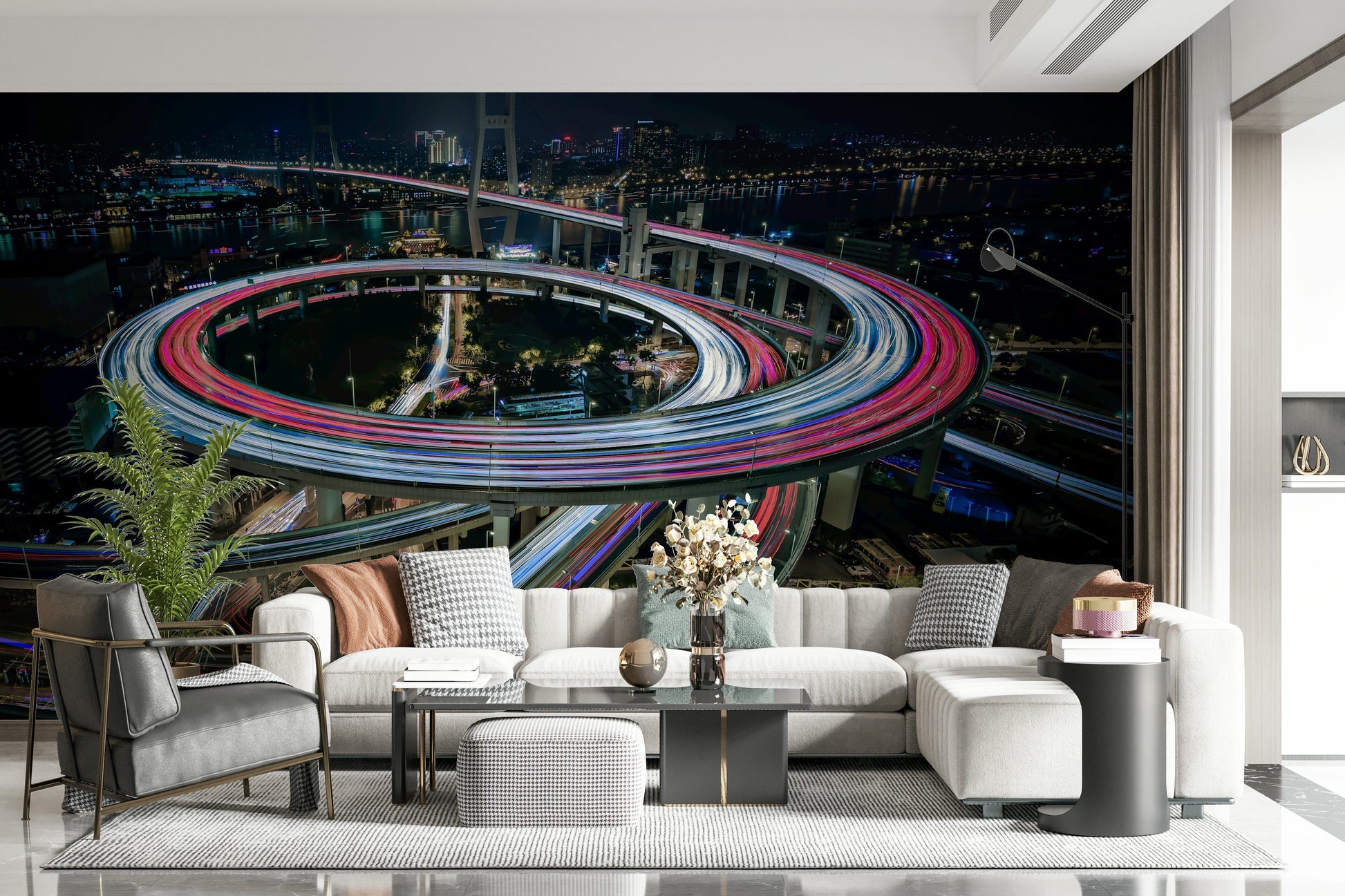 Night City Flow Wall Mural – Modern city mural with glowing streaks of red, white, and yellow lights over skyscrapers.