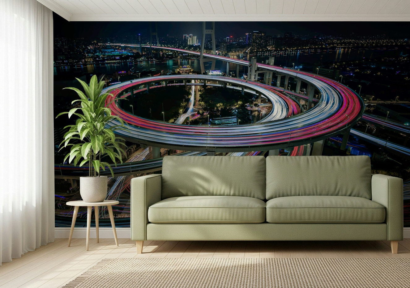 City Flow: Light Trails Wall Mural – Dynamic cityscape mural featuring glowing light trails from traffic on urban streets at night.