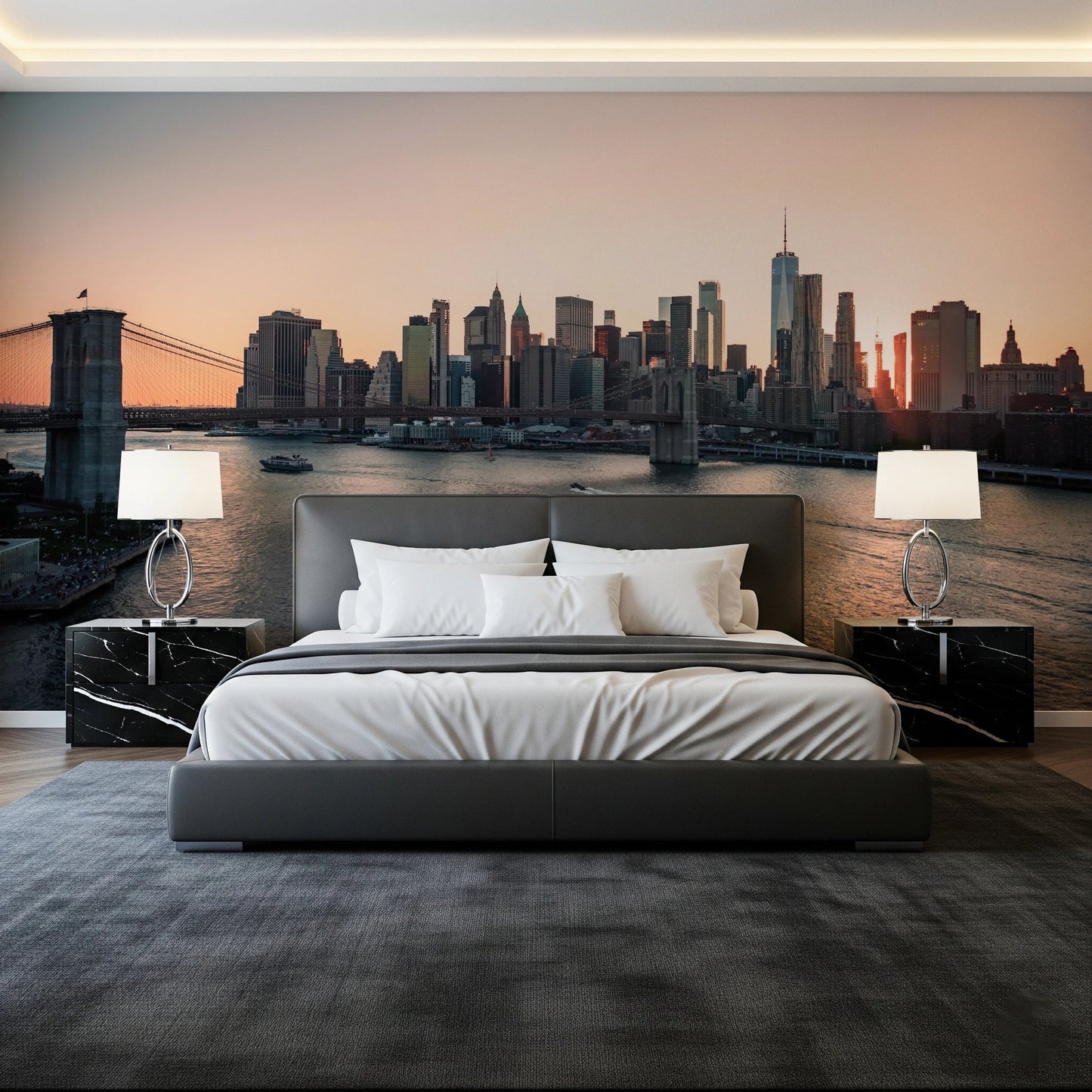 City Lights at Dawn wall mural of a glowing city skyline and bridge above a grey bed and black marble nightstands