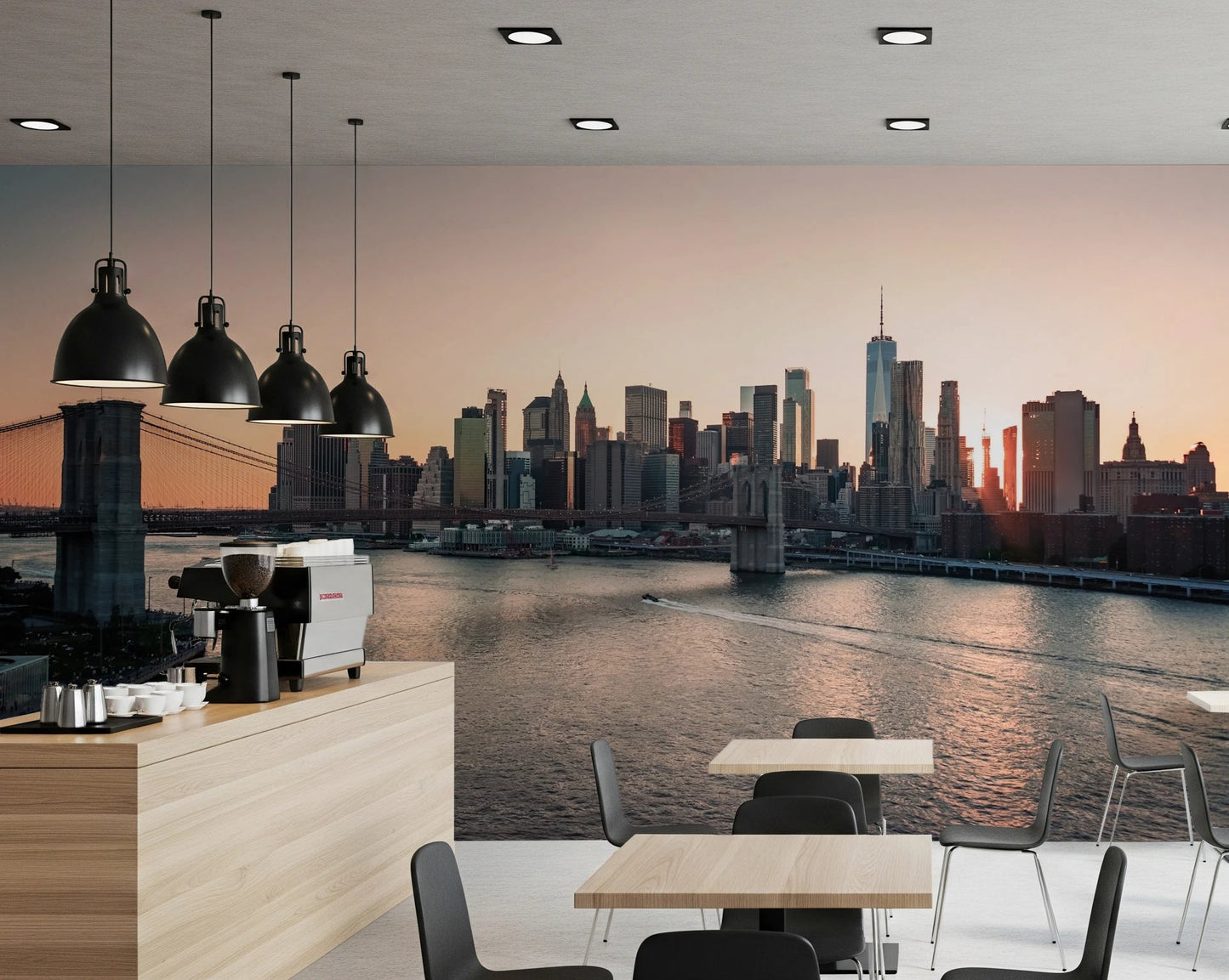 City Lights at Dawn wall mural of the skyline and river behind a cafe espresso counter and dining tables