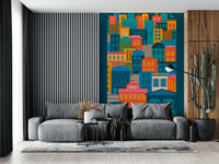 City Lights At Night wallpaper, abstract buildings, bold colors, dark blue background.
