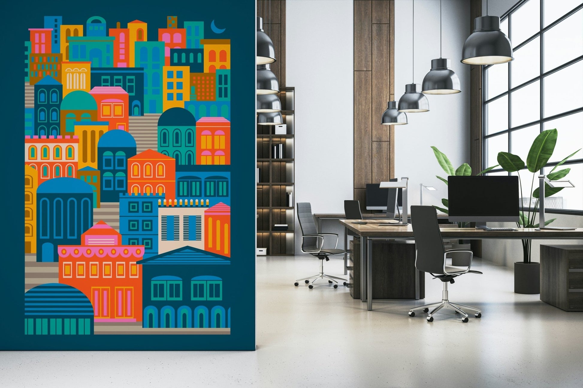 Modern folk art pattern, stacked houses, Vintage Travel Bright Geometric peel stick mural.