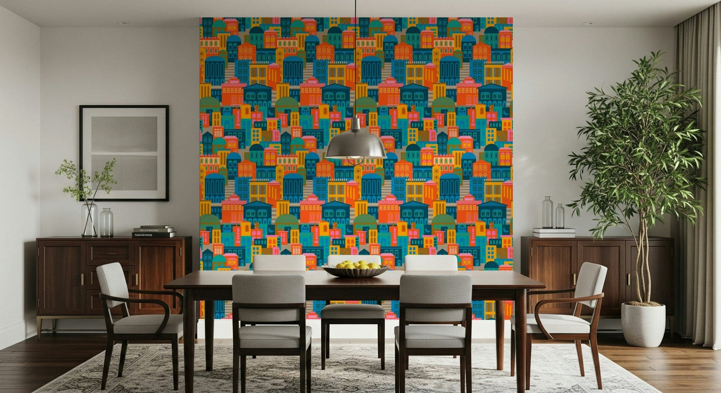 Modern pop-art cityscape wallpaper in bright block colors